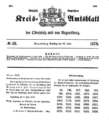 Königlich-bayerisches Kreis-Amtsblatt der Oberpfalz und von Regensburg (Königlich bayerisches Intelligenzblatt für die Oberpfalz und von Regensburg) Samstag 22. Juni 1878