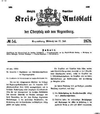 Königlich-bayerisches Kreis-Amtsblatt der Oberpfalz und von Regensburg (Königlich bayerisches Intelligenzblatt für die Oberpfalz und von Regensburg) Mittwoch 17. Juli 1878