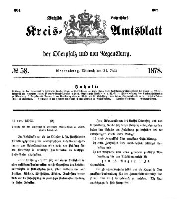 Königlich-bayerisches Kreis-Amtsblatt der Oberpfalz und von Regensburg (Königlich bayerisches Intelligenzblatt für die Oberpfalz und von Regensburg) Mittwoch 31. Juli 1878