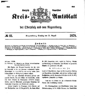 Königlich-bayerisches Kreis-Amtsblatt der Oberpfalz und von Regensburg (Königlich bayerisches Intelligenzblatt für die Oberpfalz und von Regensburg) Samstag 31. August 1878