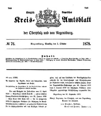 Königlich-bayerisches Kreis-Amtsblatt der Oberpfalz und von Regensburg (Königlich bayerisches Intelligenzblatt für die Oberpfalz und von Regensburg) Samstag 5. Oktober 1878