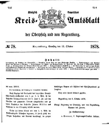 Königlich-bayerisches Kreis-Amtsblatt der Oberpfalz und von Regensburg (Königlich bayerisches Intelligenzblatt für die Oberpfalz und von Regensburg) Samstag 12. Oktober 1878