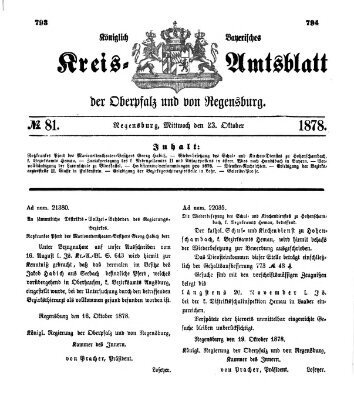 Königlich-bayerisches Kreis-Amtsblatt der Oberpfalz und von Regensburg (Königlich bayerisches Intelligenzblatt für die Oberpfalz und von Regensburg) Mittwoch 23. Oktober 1878