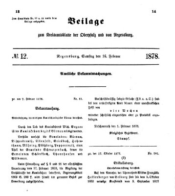 Königlich-bayerisches Kreis-Amtsblatt der Oberpfalz und von Regensburg (Königlich bayerisches Intelligenzblatt für die Oberpfalz und von Regensburg) Samstag 16. Februar 1878