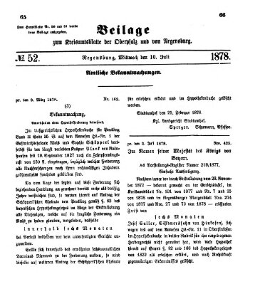 Königlich-bayerisches Kreis-Amtsblatt der Oberpfalz und von Regensburg (Königlich bayerisches Intelligenzblatt für die Oberpfalz und von Regensburg) Mittwoch 10. Juli 1878