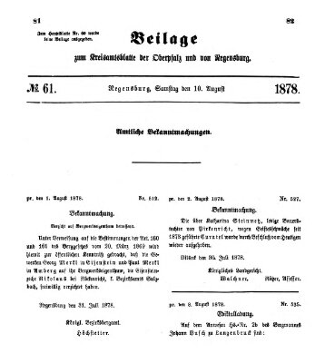 Königlich-bayerisches Kreis-Amtsblatt der Oberpfalz und von Regensburg (Königlich bayerisches Intelligenzblatt für die Oberpfalz und von Regensburg) Samstag 10. August 1878