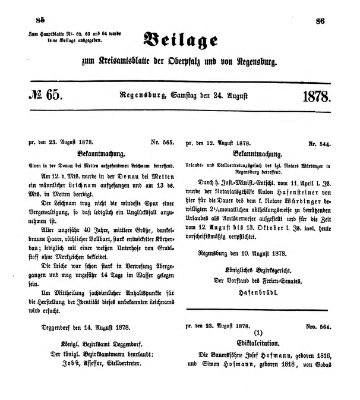 Königlich-bayerisches Kreis-Amtsblatt der Oberpfalz und von Regensburg (Königlich bayerisches Intelligenzblatt für die Oberpfalz und von Regensburg) Samstag 24. August 1878