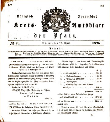 Königlich-bayerisches Kreis-Amtsblatt der Pfalz (Königlich bayerisches Amts- und Intelligenzblatt für die Pfalz) Freitag 12. April 1878