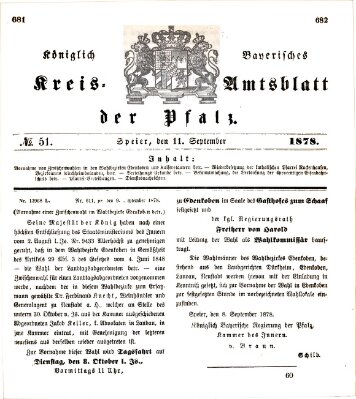 Königlich-bayerisches Kreis-Amtsblatt der Pfalz (Königlich bayerisches Amts- und Intelligenzblatt für die Pfalz) Mittwoch 11. September 1878