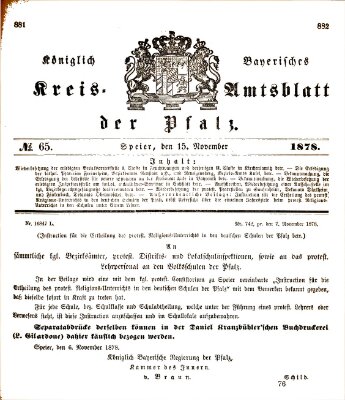 Königlich-bayerisches Kreis-Amtsblatt der Pfalz (Königlich bayerisches Amts- und Intelligenzblatt für die Pfalz) Freitag 15. November 1878