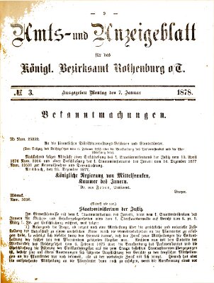 Amts- und Anzeigenblatt für das Königliche Bezirksamt Rothenburg o.T. (Amts- und Anzeigenblatt für die Stadt und das Königl. Bezirksamt Rothenburg) Montag 7. Januar 1878