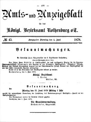 Amts- und Anzeigenblatt für das Königliche Bezirksamt Rothenburg o.T. (Amts- und Anzeigenblatt für die Stadt und das Königl. Bezirksamt Rothenburg) Dienstag 4. Juni 1878