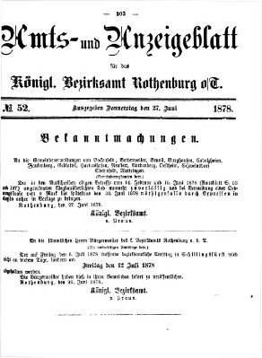 Amts- und Anzeigenblatt für das Königliche Bezirksamt Rothenburg o.T. (Amts- und Anzeigenblatt für die Stadt und das Königl. Bezirksamt Rothenburg) Donnerstag 27. Juni 1878