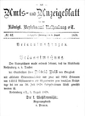 Amts- und Anzeigenblatt für das Königliche Bezirksamt Rothenburg o.T. (Amts- und Anzeigenblatt für die Stadt und das Königl. Bezirksamt Rothenburg) Samstag 3. August 1878