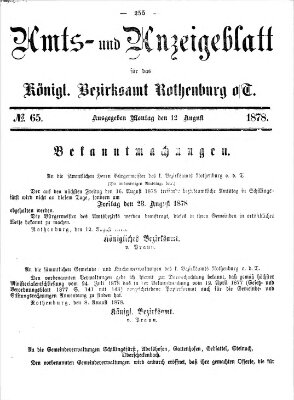 Amts- und Anzeigenblatt für das Königliche Bezirksamt Rothenburg o.T. (Amts- und Anzeigenblatt für die Stadt und das Königl. Bezirksamt Rothenburg) Montag 12. August 1878