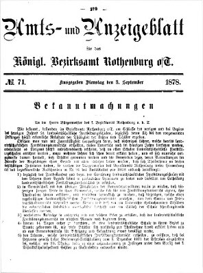 Amts- und Anzeigenblatt für das Königliche Bezirksamt Rothenburg o.T. (Amts- und Anzeigenblatt für die Stadt und das Königl. Bezirksamt Rothenburg) Dienstag 3. September 1878