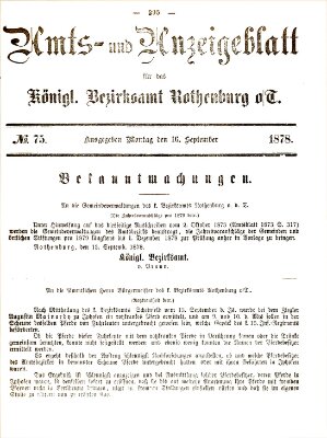 Amts- und Anzeigenblatt für das Königliche Bezirksamt Rothenburg o.T. (Amts- und Anzeigenblatt für die Stadt und das Königl. Bezirksamt Rothenburg) Montag 16. September 1878