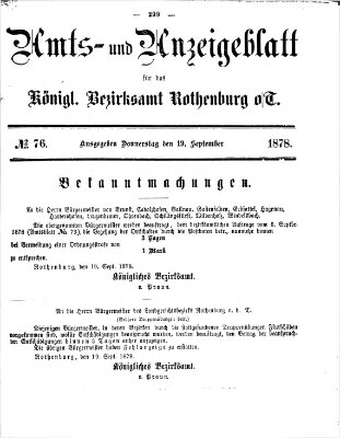 Amts- und Anzeigenblatt für das Königliche Bezirksamt Rothenburg o.T. (Amts- und Anzeigenblatt für die Stadt und das Königl. Bezirksamt Rothenburg) Donnerstag 19. September 1878