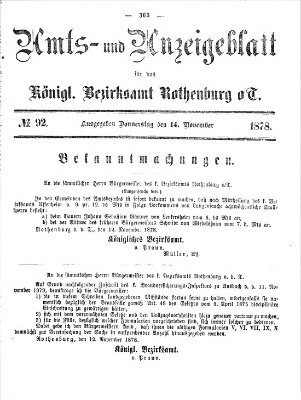 Amts- und Anzeigenblatt für das Königliche Bezirksamt Rothenburg o.T. (Amts- und Anzeigenblatt für die Stadt und das Königl. Bezirksamt Rothenburg) Donnerstag 14. November 1878