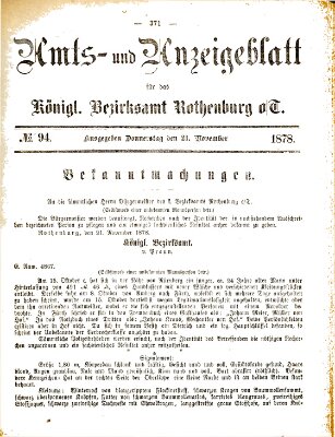 Amts- und Anzeigenblatt für das Königliche Bezirksamt Rothenburg o.T. (Amts- und Anzeigenblatt für die Stadt und das Königl. Bezirksamt Rothenburg) Donnerstag 21. November 1878