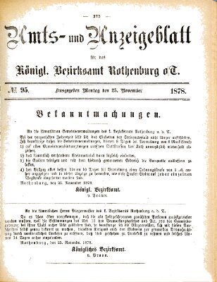 Amts- und Anzeigenblatt für das Königliche Bezirksamt Rothenburg o.T. (Amts- und Anzeigenblatt für die Stadt und das Königl. Bezirksamt Rothenburg) Montag 25. November 1878