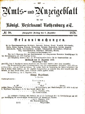 Amts- und Anzeigenblatt für das Königliche Bezirksamt Rothenburg o.T. (Amts- und Anzeigenblatt für die Stadt und das Königl. Bezirksamt Rothenburg) Freitag 6. Dezember 1878