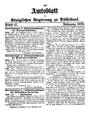 Amtsblatt für den Regierungsbezirk Düsseldorf Samstag 23. November 1878