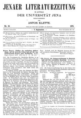 Jenaer Literaturzeitung Samstag 7. September 1878