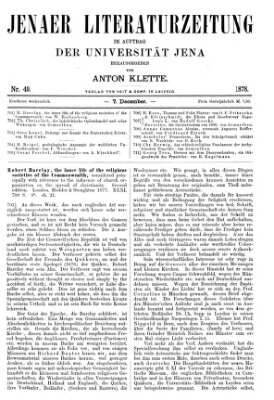 Jenaer Literaturzeitung Samstag 7. Dezember 1878