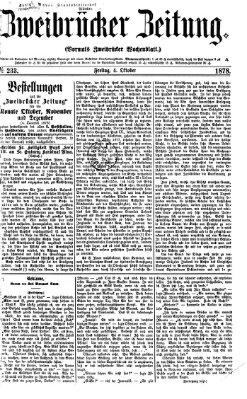 Zweibrücker Zeitung (Zweibrücker Wochenblatt) Freitag 4. Oktober 1878