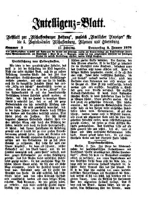 Aschaffenburger Zeitung. Intelligenz-Blatt : Beiblatt zur Aschaffenburger Zeitung ; zugleich amtlicher Anzeiger für die K. Bezirksämter Aschaffenburg, Alzenau und Obernburg (Aschaffenburger Zeitung) Donnerstag 3. Januar 1878