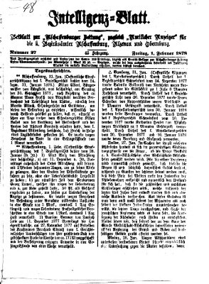 Aschaffenburger Zeitung. Intelligenz-Blatt : Beiblatt zur Aschaffenburger Zeitung ; zugleich amtlicher Anzeiger für die K. Bezirksämter Aschaffenburg, Alzenau und Obernburg (Aschaffenburger Zeitung) Freitag 1. Februar 1878