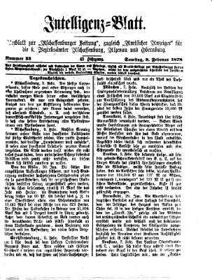 Aschaffenburger Zeitung. Intelligenz-Blatt : Beiblatt zur Aschaffenburger Zeitung ; zugleich amtlicher Anzeiger für die K. Bezirksämter Aschaffenburg, Alzenau und Obernburg (Aschaffenburger Zeitung) Samstag 9. Februar 1878