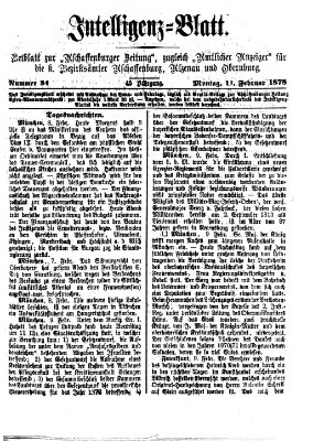 Aschaffenburger Zeitung. Intelligenz-Blatt : Beiblatt zur Aschaffenburger Zeitung ; zugleich amtlicher Anzeiger für die K. Bezirksämter Aschaffenburg, Alzenau und Obernburg (Aschaffenburger Zeitung) Montag 11. Februar 1878