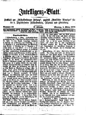 Aschaffenburger Zeitung. Intelligenz-Blatt : Beiblatt zur Aschaffenburger Zeitung ; zugleich amtlicher Anzeiger für die K. Bezirksämter Aschaffenburg, Alzenau und Obernburg (Aschaffenburger Zeitung) Montag 4. März 1878