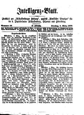 Aschaffenburger Zeitung. Intelligenz-Blatt : Beiblatt zur Aschaffenburger Zeitung ; zugleich amtlicher Anzeiger für die K. Bezirksämter Aschaffenburg, Alzenau und Obernburg (Aschaffenburger Zeitung) Dienstag 5. März 1878