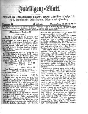 Aschaffenburger Zeitung. Intelligenz-Blatt : Beiblatt zur Aschaffenburger Zeitung ; zugleich amtlicher Anzeiger für die K. Bezirksämter Aschaffenburg, Alzenau und Obernburg (Aschaffenburger Zeitung) Donnerstag 14. März 1878