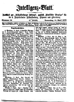 Aschaffenburger Zeitung. Intelligenz-Blatt : Beiblatt zur Aschaffenburger Zeitung ; zugleich amtlicher Anzeiger für die K. Bezirksämter Aschaffenburg, Alzenau und Obernburg (Aschaffenburger Zeitung) Donnerstag 11. April 1878