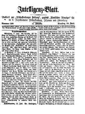 Aschaffenburger Zeitung. Intelligenz-Blatt : Beiblatt zur Aschaffenburger Zeitung ; zugleich amtlicher Anzeiger für die K. Bezirksämter Aschaffenburg, Alzenau und Obernburg (Aschaffenburger Zeitung) Dienstag 18. Juni 1878