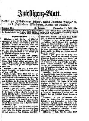 Aschaffenburger Zeitung. Intelligenz-Blatt : Beiblatt zur Aschaffenburger Zeitung ; zugleich amtlicher Anzeiger für die K. Bezirksämter Aschaffenburg, Alzenau und Obernburg (Aschaffenburger Zeitung) Donnerstag 11. Juli 1878