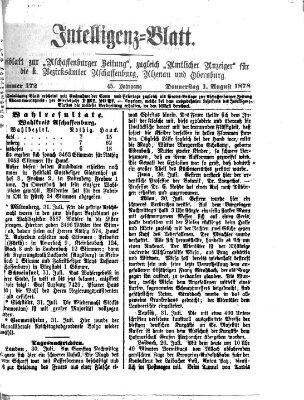 Aschaffenburger Zeitung. Intelligenz-Blatt : Beiblatt zur Aschaffenburger Zeitung ; zugleich amtlicher Anzeiger für die K. Bezirksämter Aschaffenburg, Alzenau und Obernburg (Aschaffenburger Zeitung) Donnerstag 1. August 1878