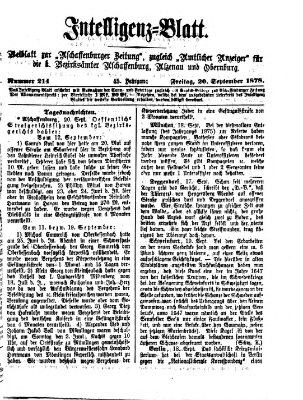 Aschaffenburger Zeitung. Intelligenz-Blatt : Beiblatt zur Aschaffenburger Zeitung ; zugleich amtlicher Anzeiger für die K. Bezirksämter Aschaffenburg, Alzenau und Obernburg (Aschaffenburger Zeitung) Freitag 20. September 1878