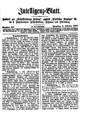 Aschaffenburger Zeitung. Intelligenz-Blatt : Beiblatt zur Aschaffenburger Zeitung ; zugleich amtlicher Anzeiger für die K. Bezirksämter Aschaffenburg, Alzenau und Obernburg (Aschaffenburger Zeitung) Samstag 5. Oktober 1878