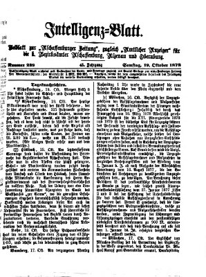 Aschaffenburger Zeitung. Intelligenz-Blatt : Beiblatt zur Aschaffenburger Zeitung ; zugleich amtlicher Anzeiger für die K. Bezirksämter Aschaffenburg, Alzenau und Obernburg (Aschaffenburger Zeitung) Samstag 19. Oktober 1878