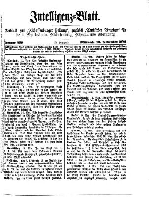 Aschaffenburger Zeitung. Intelligenz-Blatt : Beiblatt zur Aschaffenburger Zeitung ; zugleich amtlicher Anzeiger für die K. Bezirksämter Aschaffenburg, Alzenau und Obernburg (Aschaffenburger Zeitung) Mittwoch 13. November 1878