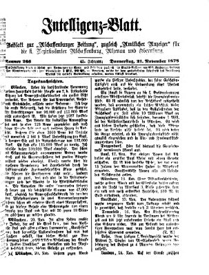 Aschaffenburger Zeitung. Intelligenz-Blatt : Beiblatt zur Aschaffenburger Zeitung ; zugleich amtlicher Anzeiger für die K. Bezirksämter Aschaffenburg, Alzenau und Obernburg (Aschaffenburger Zeitung) Donnerstag 21. November 1878