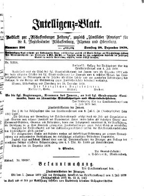 Aschaffenburger Zeitung. Intelligenz-Blatt : Beiblatt zur Aschaffenburger Zeitung ; zugleich amtlicher Anzeiger für die K. Bezirksämter Aschaffenburg, Alzenau und Obernburg (Aschaffenburger Zeitung) Samstag 28. Dezember 1878