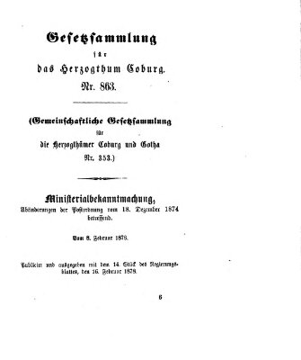 Gesetz-Sammlung für das Herzogtum Coburg (Coburger Regierungs-Blatt) Samstag 16. Februar 1878