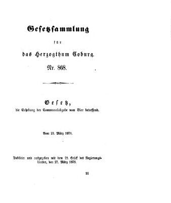 Gesetz-Sammlung für das Herzogtum Coburg (Coburger Regierungs-Blatt) Mittwoch 27. März 1878