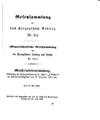 Gesetz-Sammlung für das Herzogtum Coburg (Coburger Regierungs-Blatt) Samstag 25. Mai 1878